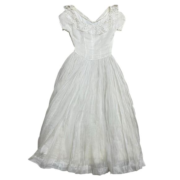 Vintage Wedding Dress Tea Length Lace Collar Short Sleeve Cottage Fairy Handmade - Picture 8 of 13